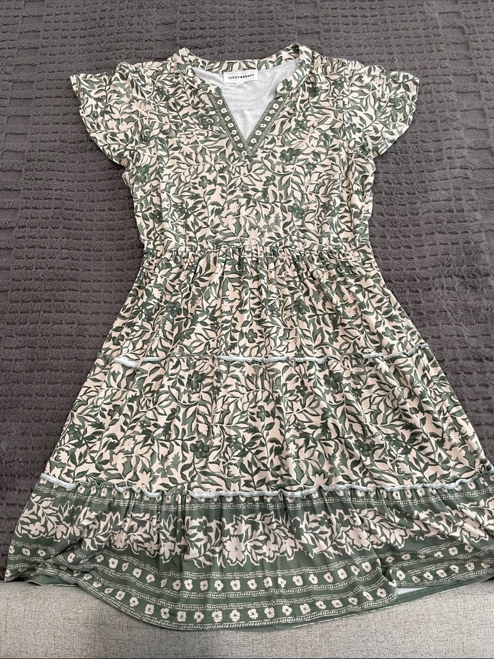 Lucky Brand Green and Cream Floral Tiered Midi Dress